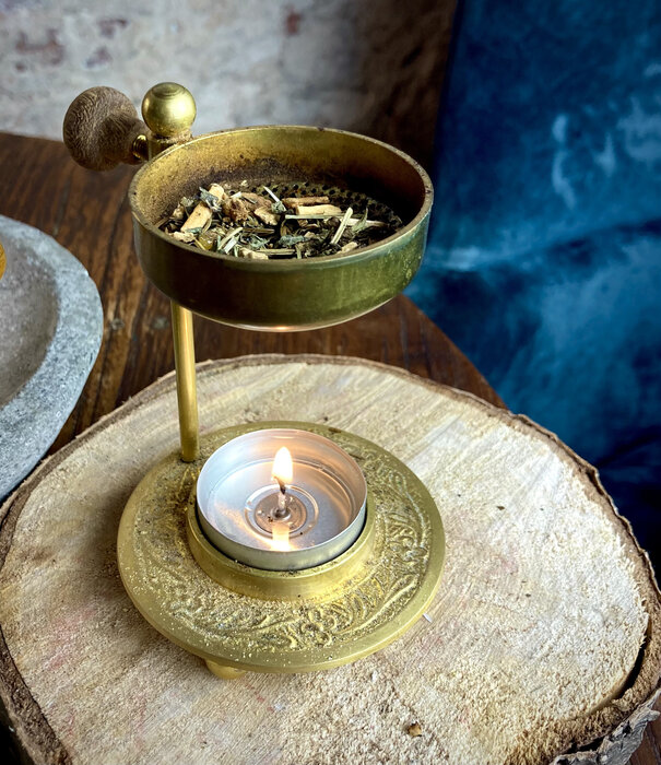 brass incense burner messing wood handle