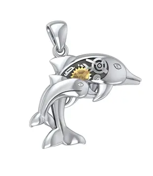 hanger Gentle dolphins in steampunk ~ Sterling Silver with 14k Gold Accent