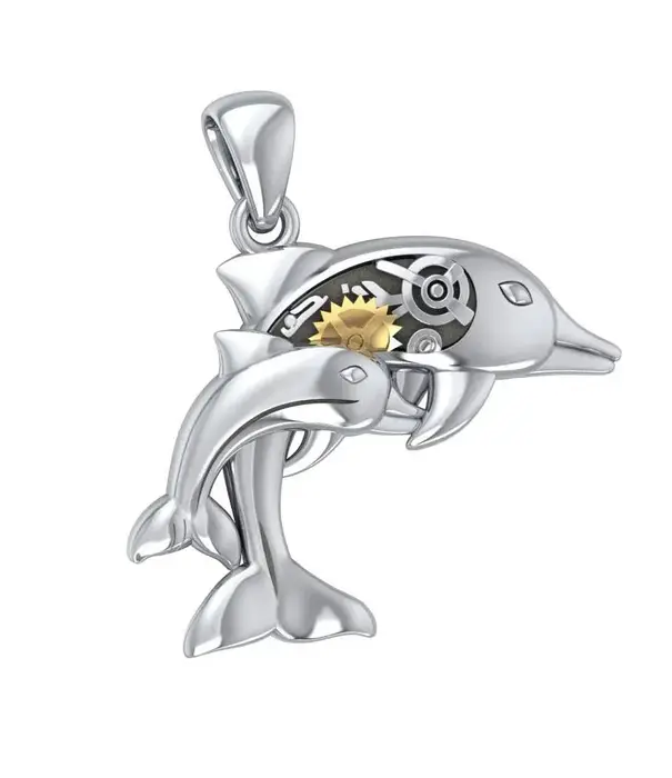 Peter Stone hanger Gentle dolphins in steampunk ~ Sterling Silver with 14k Gold Accent