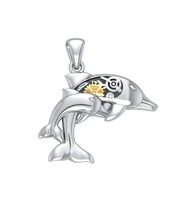 Peter Stone hanger Gentle dolphins in steampunk ~ Sterling Silver with 14k Gold Accent