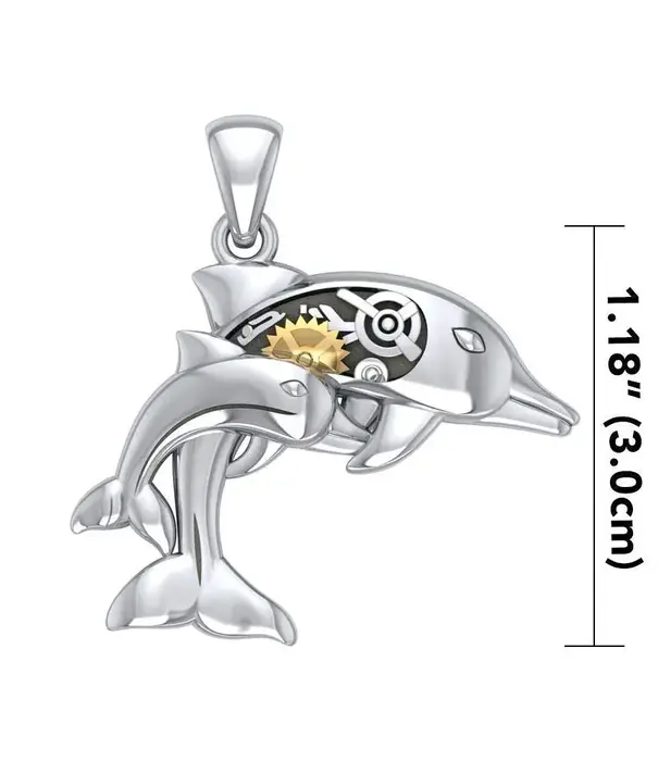 Peter Stone hanger Gentle dolphins in steampunk ~ Sterling Silver with 14k Gold Accent