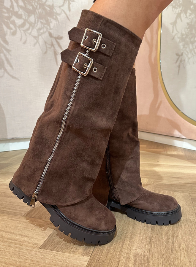 Suede Buckle Boots - Brown