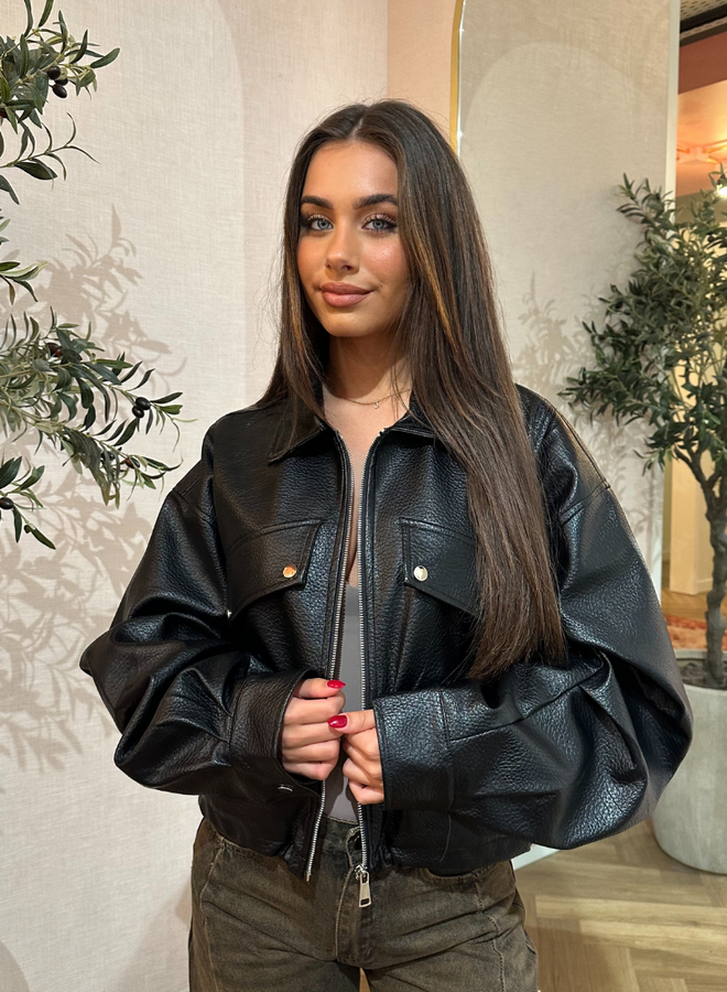 Oversized Leather Bomber - Black