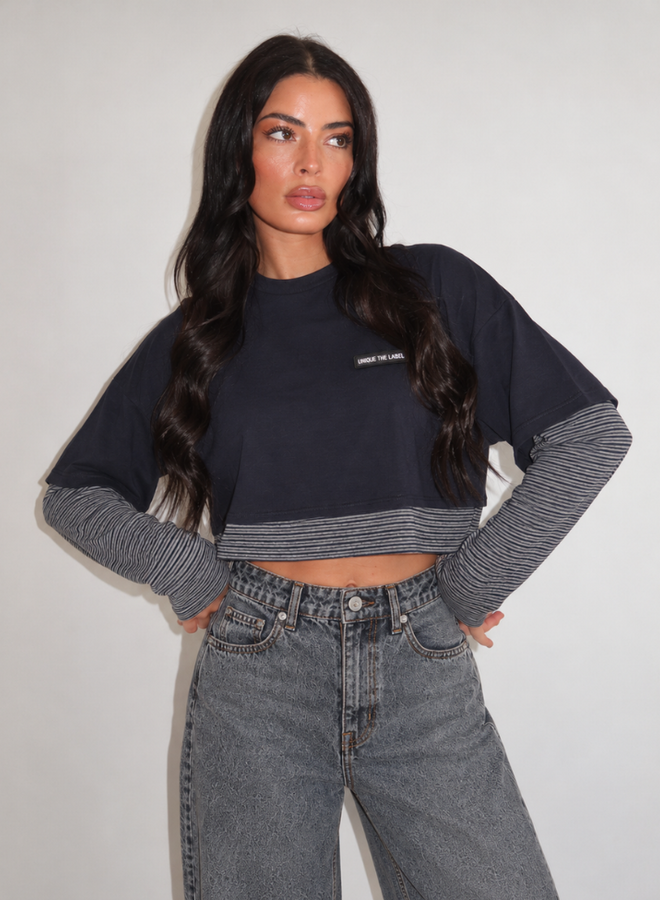 Unique The Label Essy Crop Longsleeve - Dark Navy/Grey Navy