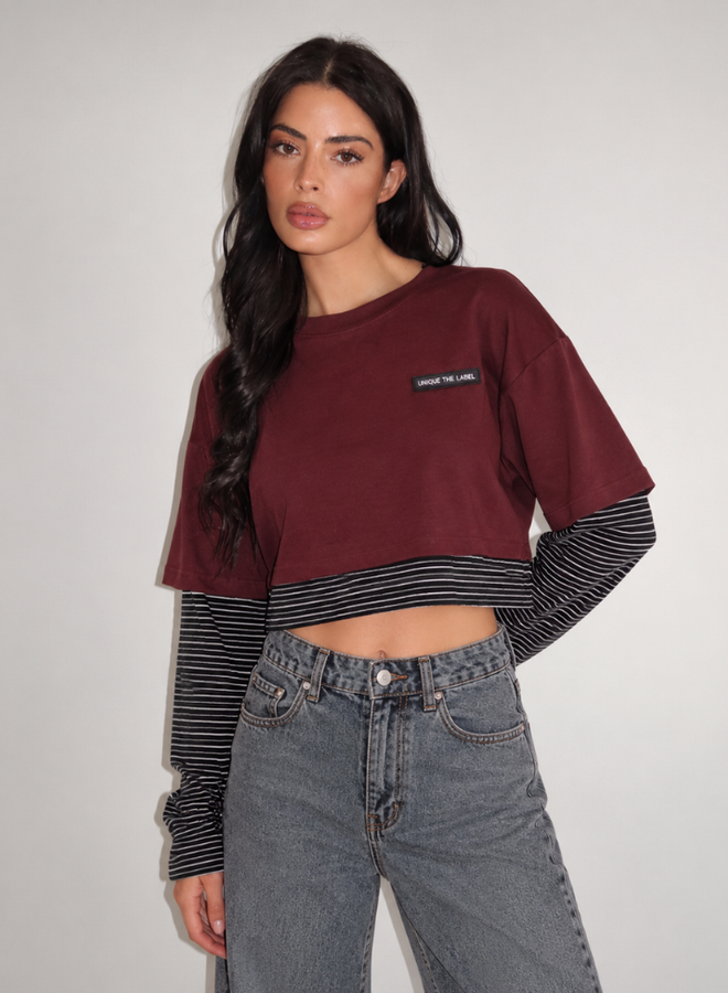 Unique The Label Essy Crop Longsleeve - Bordeaux/Black Grey