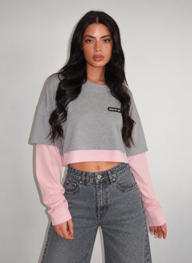 Unique The Label Essy Crop Longsleeve - Grey Melee/Pink White