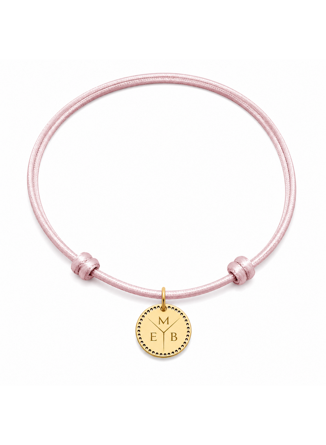 Identity Satijnkoord Ketting met Circle Perforated Mini 3 Letters bedel 14K Goud -