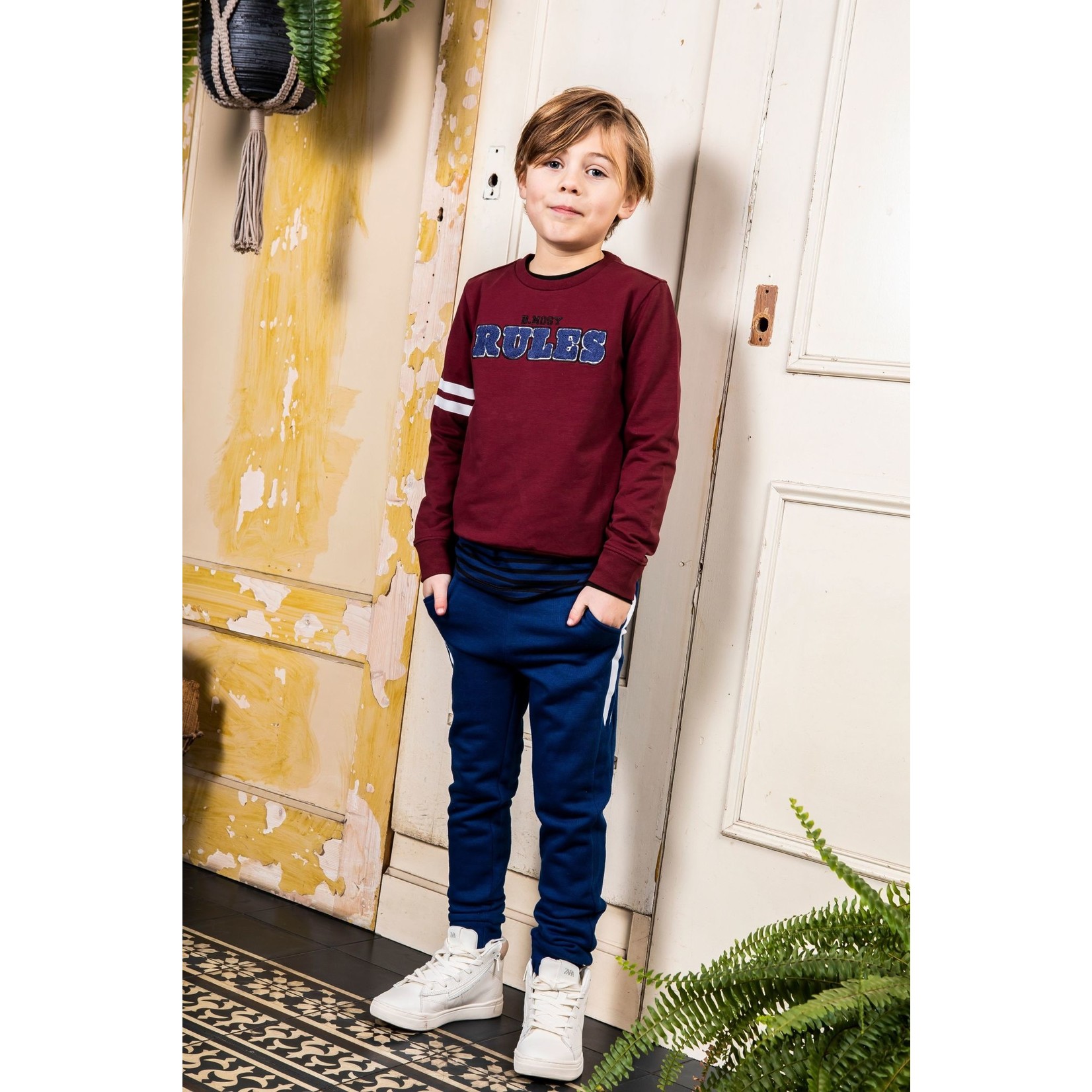 B-nosy Boys sweater with frotté artwork and printed stripes on sleeve