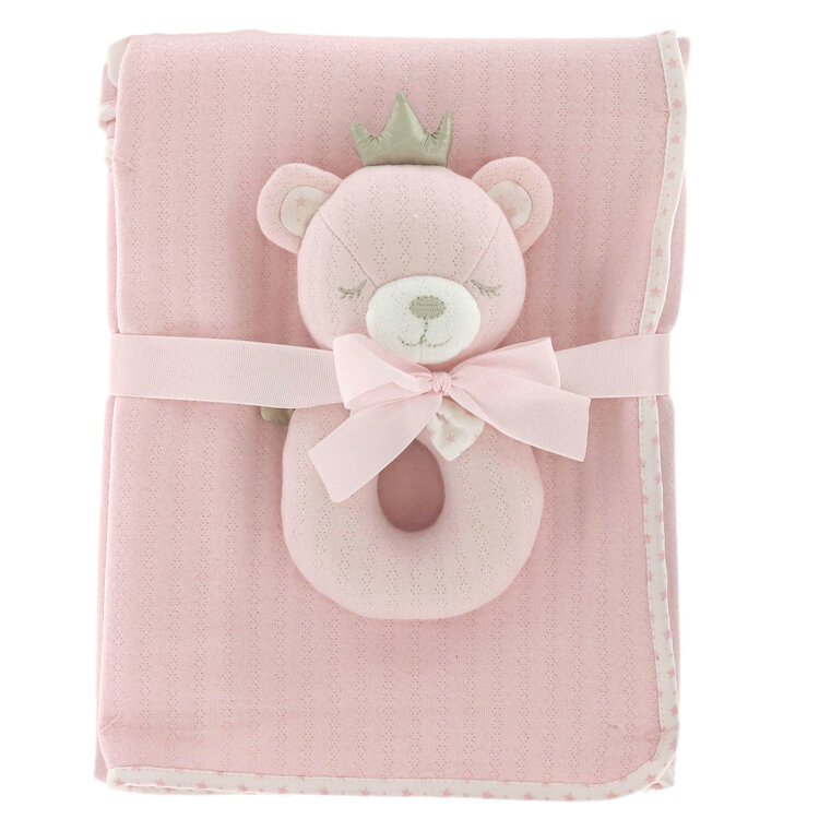 Blanket+rattle baby bear 100x75cm pink