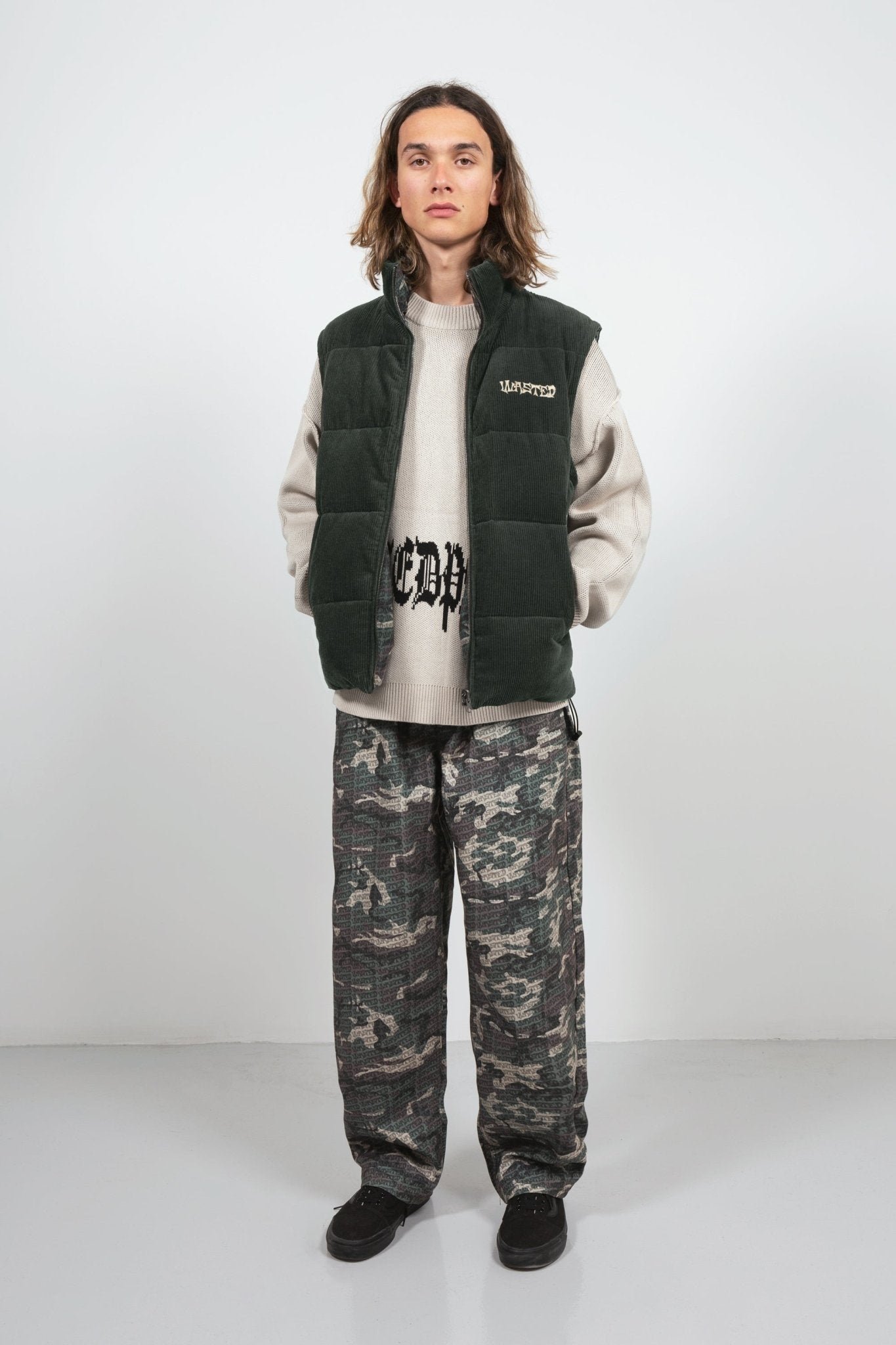 Puffer Vest Reverse Corduroy Lichen Green/Army - One80 Boardshop