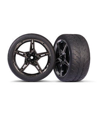 Traxxas Tires and wheels glued (split-spoke black chrome wheels. 1.9' Response tires) (extra wide rear) (2) TRX9371