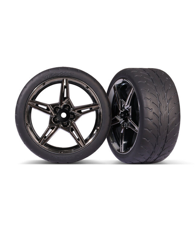 Tires and wheels glued (split-spoke black chrome wheels. 1.9' Response tires) (extra wide rear) (2) TRX9371