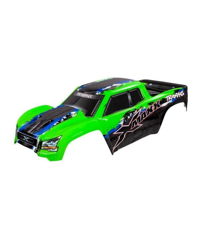 Traxxas Body X-Maxx green (painted, decals applied) assembled with front & rear body mounts / roof skid plate / rear body support / and tailgate protector TRX7811G