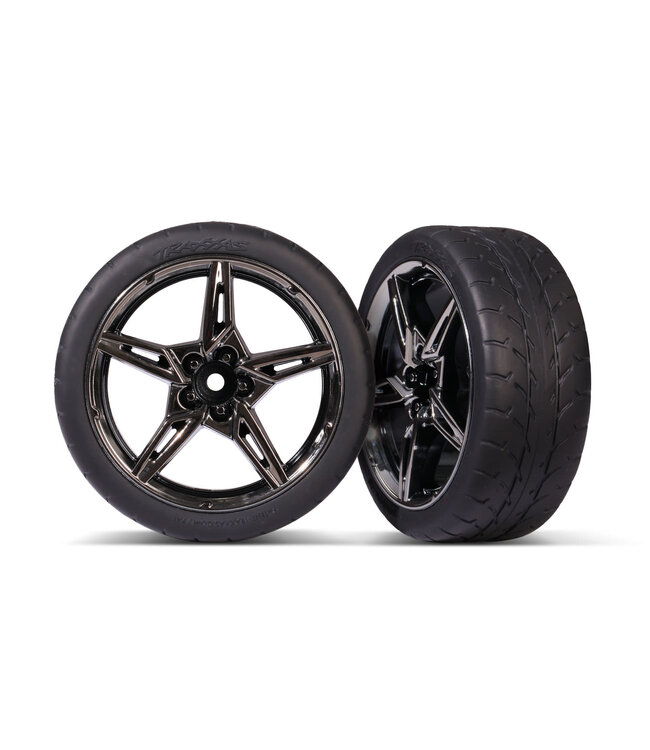 Tires and wheels glued (split-spoke black chrome wheels. 1.9' Response tires) (front) (2) TRX9370