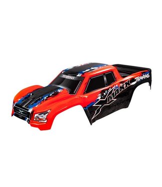 Traxxas Body X-Maxx red (painted, decals applied) assembled with front & rear body mounts / roof skid plate / rear body support / and tailgate protector TRX7811R