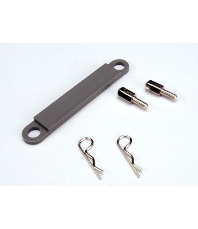 Battery hold-down plate (grey) / metal posts (2) / body clip. TRX3727A