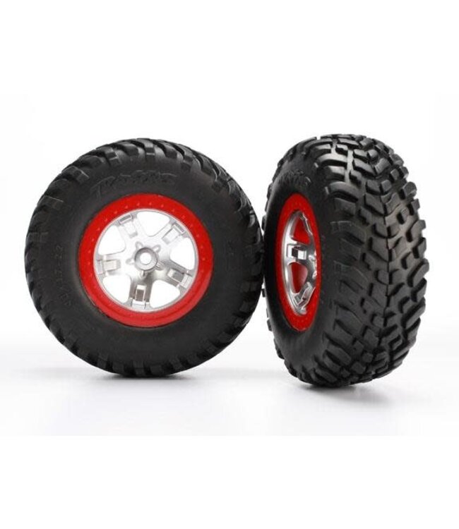Tires & wheels assembled glued (SCT satin chrome red beadlock) TRX5873R