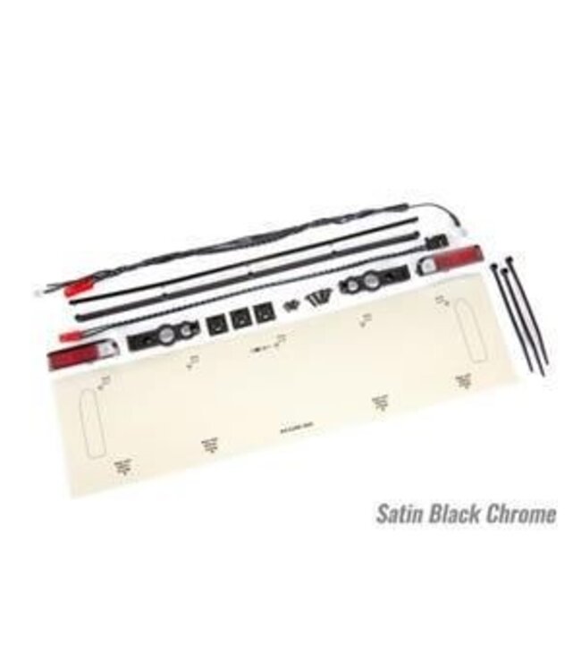 LED lights, tail lights (red)/ power harness/ tail light housings (left & right)/ tailgate trim (satin black chrome)/ zip ties (3)