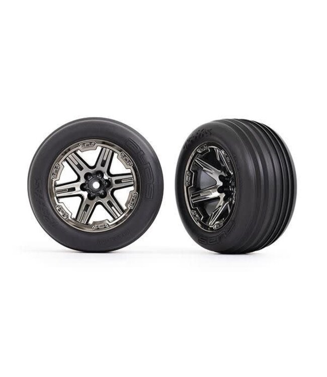 Tires & wheels glued (2.8') (RXT black chrome wheels ribbed tires) (front)  TRX3771R