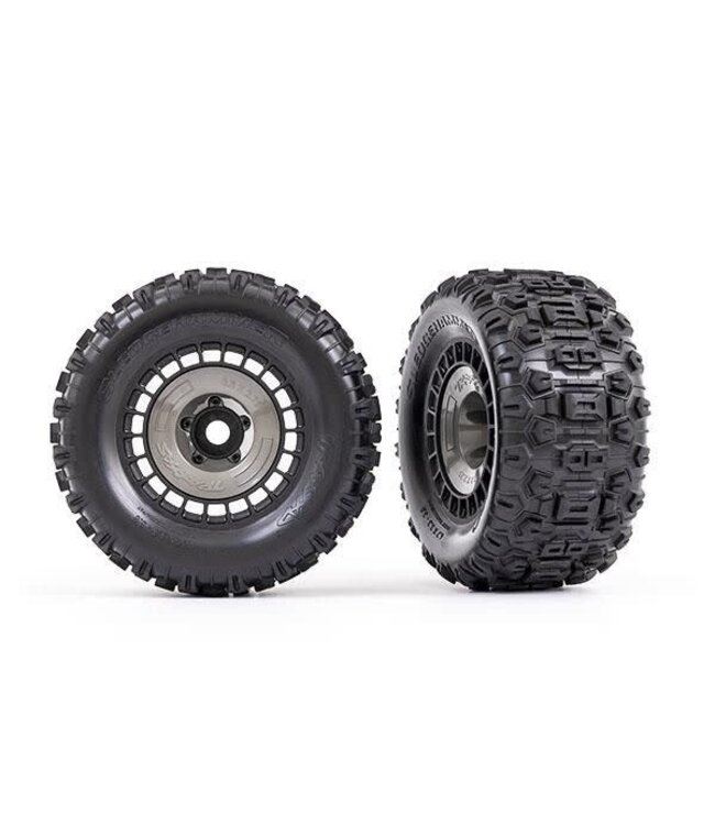 Tires assembled glued 3.8' black wheels with gray wheel covers (Sledgehammer tires) TRX9572