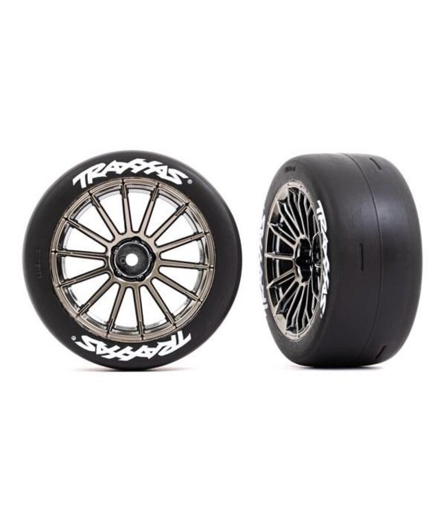 Tires and wheels assembled glued (multi-spoke black chrome wheels 2.0' slick tires with Traxxas logo foam inserts) (rear) (2) (VXL rated) TRX9375R