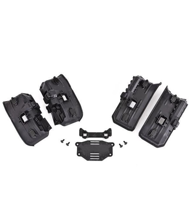 Fenders inner (wide) front & rear (2 each) with rock light covers (8) battery plate and 3x8 flat-head screws (4) for clipless body mounting TRX8072X