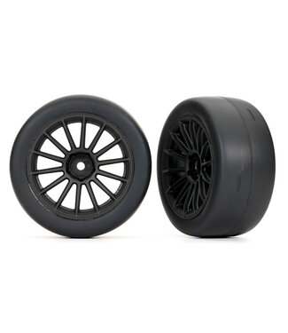 Traxxas Tires and wheels assembled glued (multi-spoke black wheels 2.0' ultra-wide slick tires foam inserts) (front) (2) TRX9374