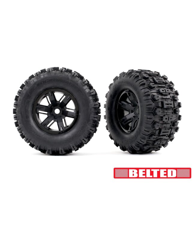 Tires & wheels glued (X-Maxx black wheels Sledgehammer belted tires) dual profile (4.3' outer 5.7' inner with foam inserts) left & right TRX7871