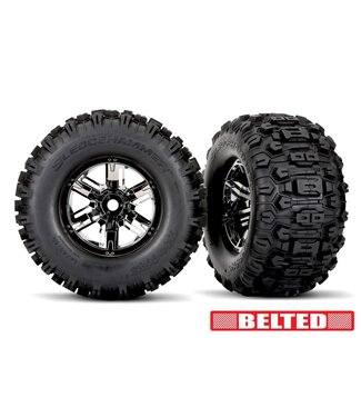 Traxxas Tires & wheels glued (X-Maxx black chrome wheels Sledgehammer belted tires) dual profile (4.3' outer 5.7' inner with foam inserts) left & right TRX7871X