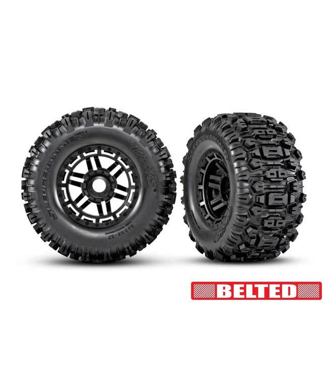 Tires & wheels glued (black wheels BELTED Sledgehammer All-Terrain tires dual profile (2.9' outer 3.8' inner) foam inserts) (2) (17mm splined) (TSM rated) TRX8979