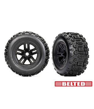 Traxxas Tires & wheels glued (3.8' black wheels BELTED Sledgehammer tires foam inserts) (2) TRX9573