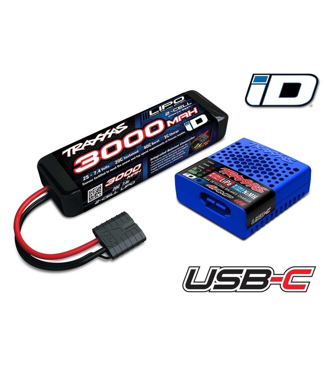 Battery/charger completer pack (includes #2985 USB-C NiMH/LiPo charger (1) #2827X 3000mAh 7.4V 2-cell 20C LiPo TRX2985-2S