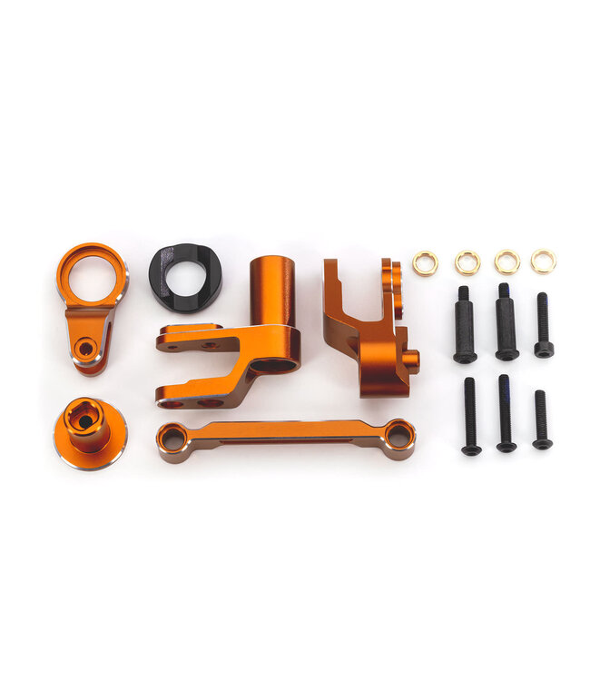 Steering bellcranks with draglink (orange-anodized 6061-T6 aluminum) and bellcrank bushing (1) TRX10246-ORNG