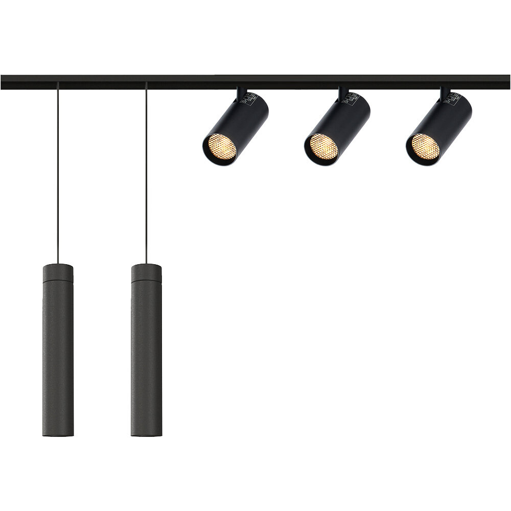 Qub Qub Line Magnet Schienensystem – 2 m – 3x Magnetische Railspot Single & 2x Pendelleuchte – Schwarz – Zigbee-kompatibel – Smart Lichtsystem