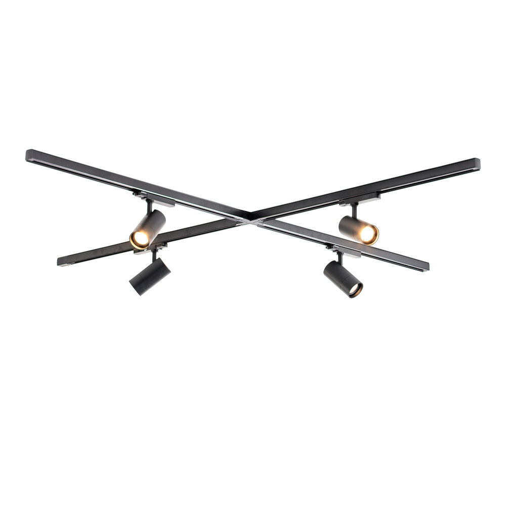 Qub Zoom Set de rails LED triphasés- Noir, forme en X, 4 X 1 Mètre, 4Spots  à luminosité réglable Qub Zoom Set de rails LED triphasés- Noir, forme en X, 4 X 1 Mètre, 4Spots  à luminosité réglable