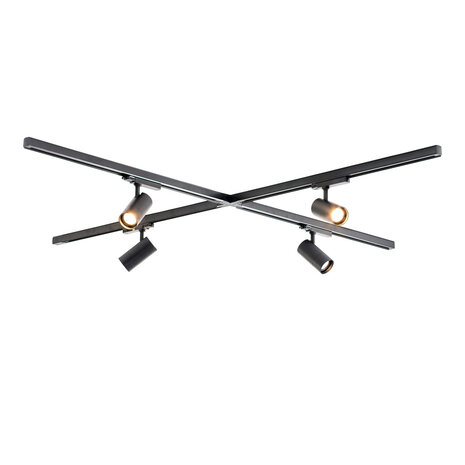 Qub Zoom Set de rails LED triphasés- Noir, forme en X, 4 X 1 Mètre, 4Spots  à luminosité réglable Qub Zoom Set de rails LED triphasés- Noir, forme en X, 4 X 1 Mètre, 4Spots  à luminosité réglable
