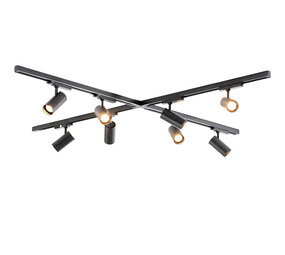 Qub Zoom 3-Phasen LED-Schienenbeleuchtungs-Set - Schwarz, X-Form, 4 X 2 Meter, 8 Strahler Qub Zoom 3-Phasen LED-Schienenbeleuchtungs-Set - Schwarz, X-Form, 4 X 2 Meter, 8 Strahler