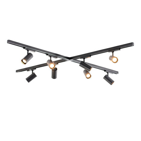 Qub Zoom 3-fase LED Railverlichting Set - Zwart, X-Form, 4 X 2 Meter, 8 Spots Instelbare Helderheid Qub Zoom 3-fase LED Railverlichting Set - Zwart, X-Form, 4 X 2 Meter, 8 Spots Instelbare Helderheid