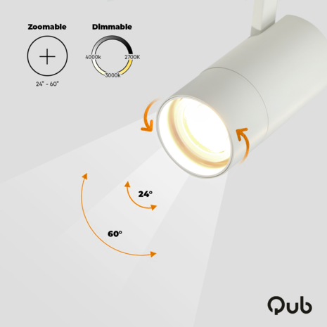 Qub Set d'Éclairage sur Rail LED Zoom - Blanc, 3 mètres, 4 spots, Triphasé - Luminosité Réglable 20/25/30W & Couleurs de Lumière du Lumière Chaude à la Lumière du Jour (2700K, 3000K et 4000K)