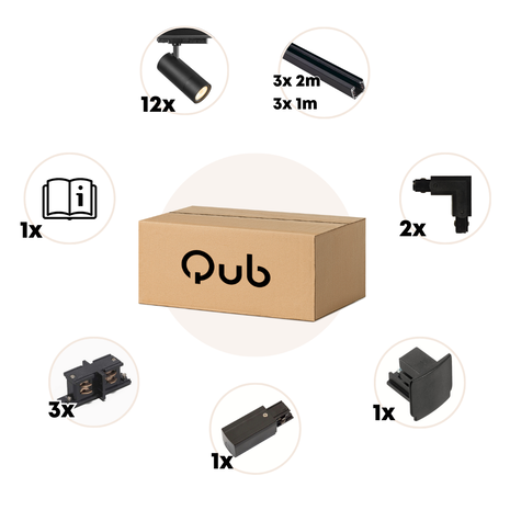 Qub Zoom 3-Phase LED Track Lighting Set - Black, U-Shape, 3 x 3 Metres, 12 Spots