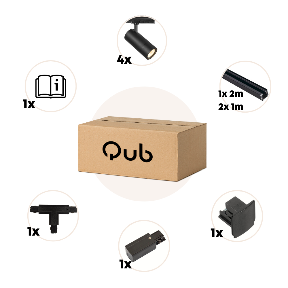 Qub Qub Zoom LED Schienensystem –  T-Form – 2x 100cm  + 200cm – 4x Spots – 3-Phasen – Deckenstrahler Schwarz – Einstellbare Helligkeit 20W/25W/30W – Farbtemperatur 2700K/3000K/4000K (Warmweiß bis Tageslichtweiß) Qub Qub Zoom LED Schienensystem –  T-Form – 2x 100cm  + 200cm – 4x Spots – 3-Phasen – Deckenstrahler Schwarz – Einstellbare Helligkeit 20W/25W/30W – Farbtemperatur 2700K/3000K/4000K (Warmweiß bis Tageslichtweiß)