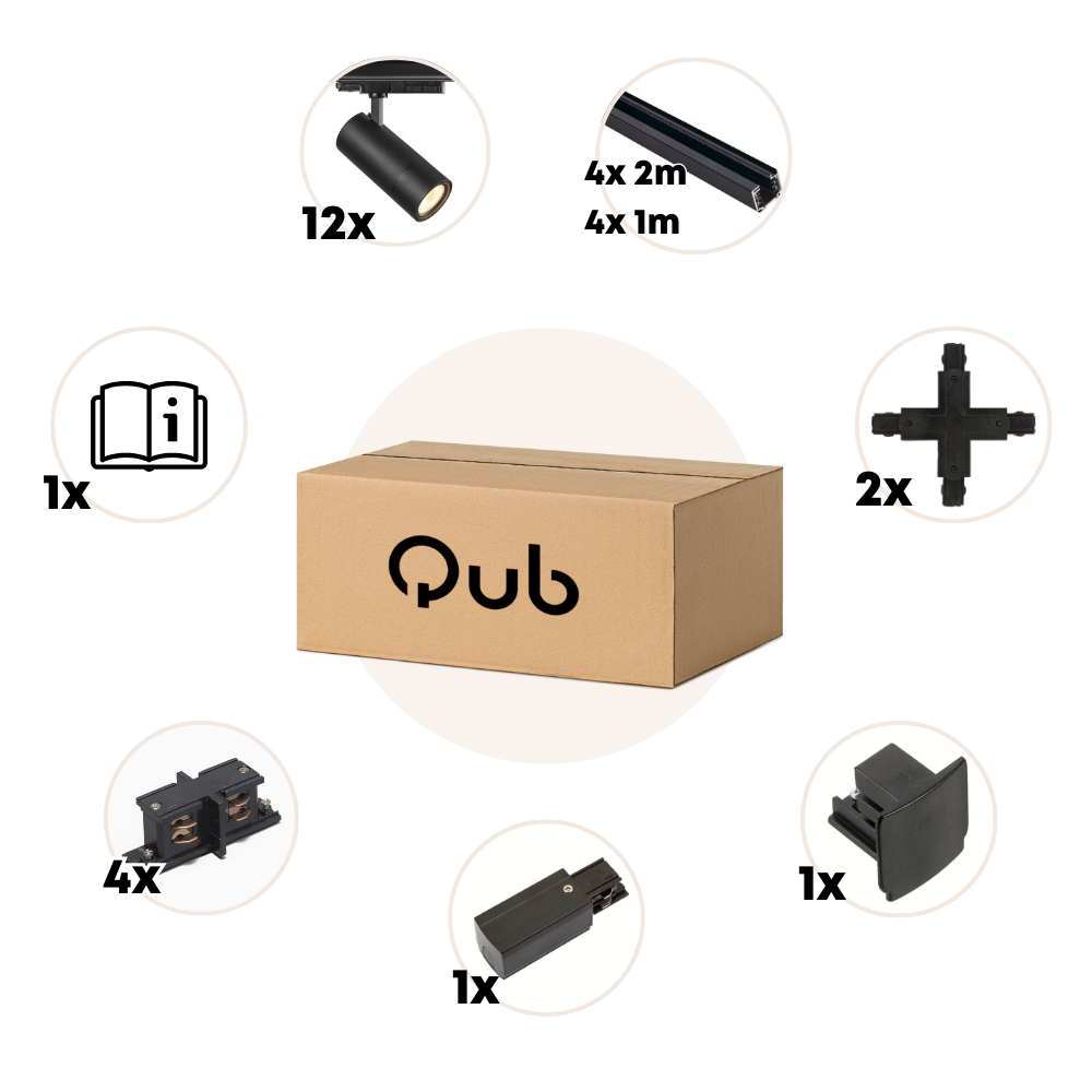 Qub Qub Zoom LED Schienensystem –  X-Form – 4x 300cm – 12x Spots – 3-Phasen – Deckenstrahler Schwarz – Einstellbare Helligkeit 20W/25W/30W – Farbtemperatur 2700K/3000K/4000K (Warmweiß bis Tageslichtweiß) Qub Qub Zoom LED Schienensystem –  X-Form – 4x 300cm – 12x Spots – 3-Phasen – Deckenstrahler Schwarz – Einstellbare Helligkeit 20W/25W/30W – Farbtemperatur 2700K/3000K/4000K (Warmweiß bis Tageslichtweiß)