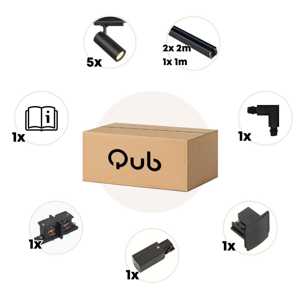 Qub Zoom Set de rails LED triphasés- Noir, forme en L, 1 X 3 mètres + 2 mètres, 5 spots à luminosité réglable Qub Zoom Set de rails LED triphasés- Noir, forme en L, 1 X 3 mètres + 2 mètres, 5 spots à luminosité réglable