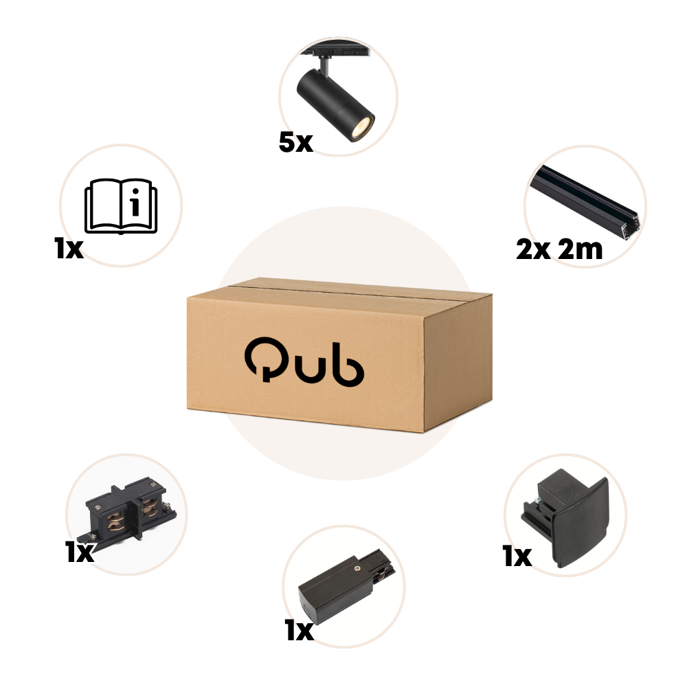 Qub Zoom LED Track Lighting Set - Black, 4 Metres, 5 Spotlights, 3-Phase - Adjustable Brightness 20/25/30W & Light Colours from Warm White to Daylight (2700K, 3000K, and 4000K) Qub Zoom LED Track Lighting Set - Black, 4 Metres, 5 Spotlights, 3-Phase - Adjustable Brightness 20/25/30W & Light Colours from Warm White to Daylight (2700K, 3000K, and 4000K)