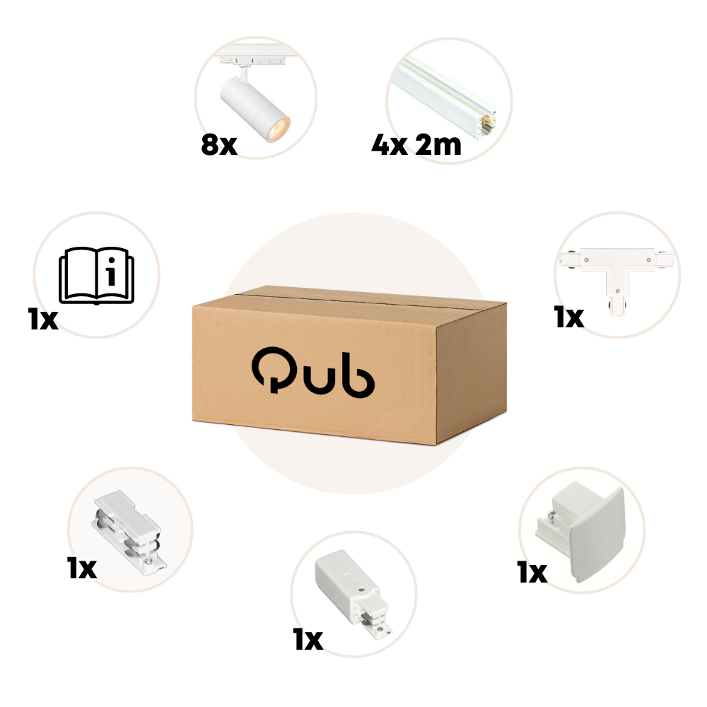 Qub Qub Zoom LED Schienensystem –  T-Form – 2x 200cm + 400cm  – 8x Spots – 3-Phasen – Deckenstrahler Weiß – Einstellbare Helligkeit 20W/25W/30W – Farbtemperatur 2700K/3000K/4000K (Warmweiß bis Tageslichtweiß) Qub Qub Zoom LED Schienensystem –  T-Form – 2x 200cm + 400cm  – 8x Spots – 3-Phasen – Deckenstrahler Weiß – Einstellbare Helligkeit 20W/25W/30W – Farbtemperatur 2700K/3000K/4000K (Warmweiß bis Tageslichtweiß)
