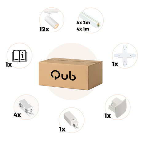 Qub Zoom 3-fase LED Railverlichting Set - Wit, X-Form, 4 X 3 Meter, 12 Spots Instelbare Helderheid Qub Zoom 3-fase LED Railverlichting Set - Wit, X-Form, 4 X 3 Meter, 12 Spots Instelbare Helderheid