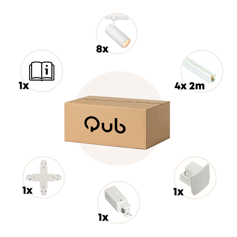 Qub Zoom 3-fase LED Railverlichting Set - Wit, X-Form, 4 X 2 Meter, 8 Spots Instelbare Helderheid Qub Zoom 3-fase LED Railverlichting Set - Wit, X-Form, 4 X 2 Meter, 8 Spots Instelbare Helderheid
