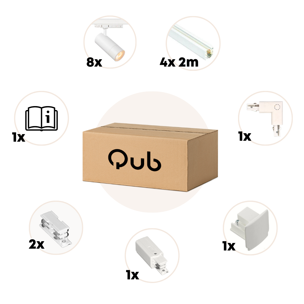 Qub Qub Zoom LED Schienensystem –  L-Form – 2x 400cm – 8x Spots – 3-Phasen – Deckenstrahler Weiß – Einstellbare Helligkeit 20W/25W/30W – Farbtemperatur 2700K/3000K/4000K (Warmweiß bis Tageslichtweiß) Qub Qub Zoom LED Schienensystem –  L-Form – 2x 400cm – 8x Spots – 3-Phasen – Deckenstrahler Weiß – Einstellbare Helligkeit 20W/25W/30W – Farbtemperatur 2700K/3000K/4000K (Warmweiß bis Tageslichtweiß)