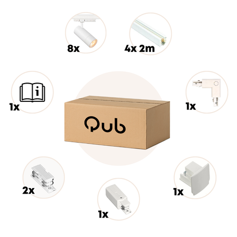 Qub Zoom 3-fase LED Railverlichting Set - Wit, L-Form, 2 X 4 Meter, 8 Spots Instelbare Helderheid Qub Zoom 3-fase LED Railverlichting Set - Wit, L-Form, 2 X 4 Meter, 8 Spots Instelbare Helderheid
