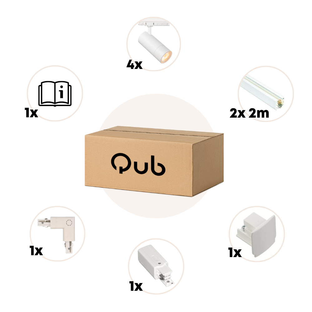 Qub Zoom Set de rails d'éclairage LED triphasé - Blanc, forme en L, 2 X 2 mètres, 4 spots à luminosité réglable